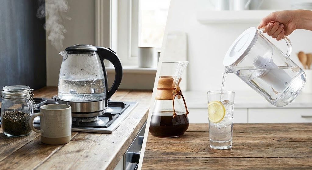 Boiled Water vs Filtered Water What’s the Difference and When Might You Use Each One A side-by-side comparison showing boiling water in a kettle on a stovetop and filtered water being poured from a pitcher into a glass with lemon.