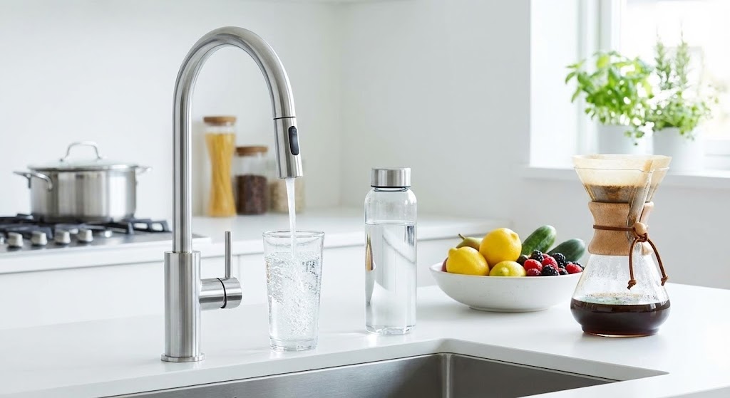 How Filtered Water Can Improve Taste, Convenience, and Everyday Wellness A modern stainless steel kitchen faucet filling a glass with clear filtered water, situated on a white countertop next to a reusable water bottle, a pour-over coffee maker, and a bowl of fresh fruit.