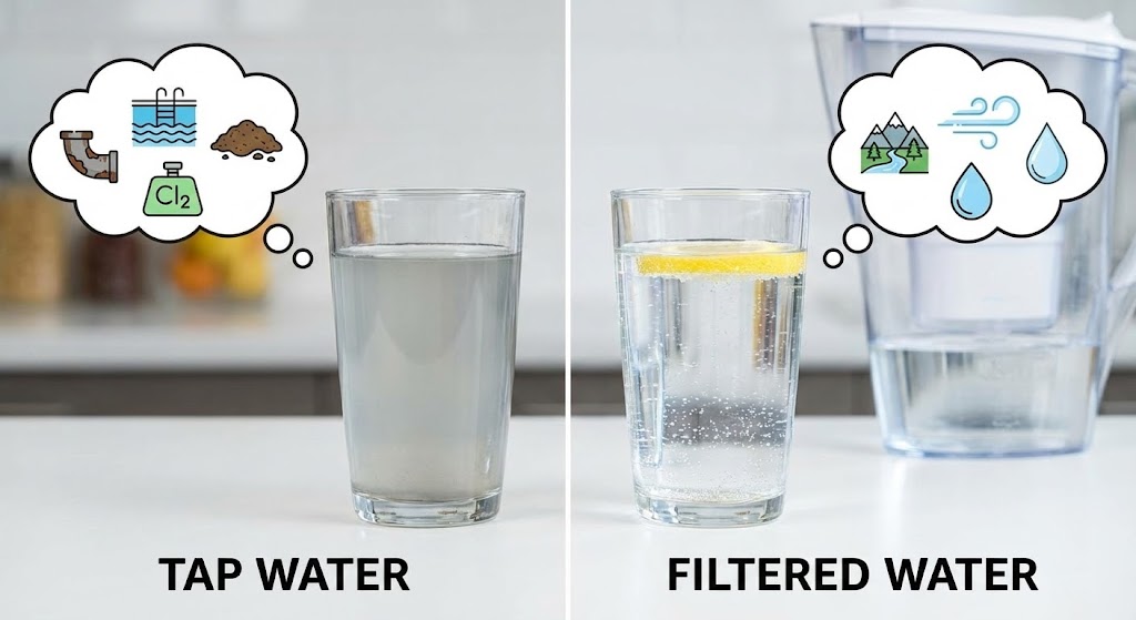 A comparison image showing a cloudy glass of tap water with icons of chlorine, pipes, and sediment, beside a clear glass of filtered water with fresh icons, highlighting differences in tap water taste.