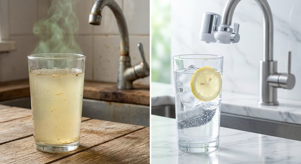 Split-screen comparison showing a glass of murky water with visible sediment and rising fumes on the left, contrasted with a faucet-mounted water filter filling a glass with crystal-clear water on the right, illustrating the removal of chlorine and odors.