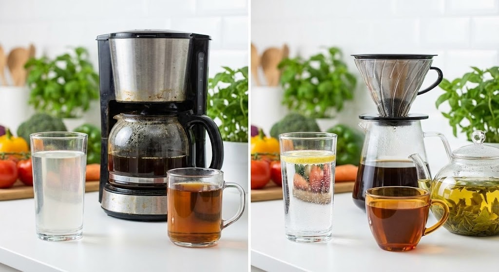 How Filtered Water Can Improve Your Tea, Coffee, and Cooking Split-screen comparison showing a cup of tea with oily scum and a scaled coffee carafe on the left, contrasted with a cup of clear, bright tea and a pristine coffee pot on the right, demonstrating the benefits of filtered water.