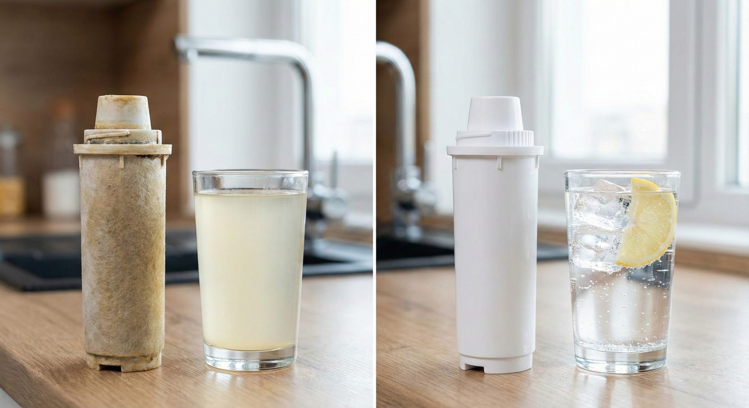 Side-by-side comparison of a brown, used water filter cartridge next to a glass of cloudy water versus a brand new, white filter cartridge next to a glass of crystal clear water with ice and lemon.